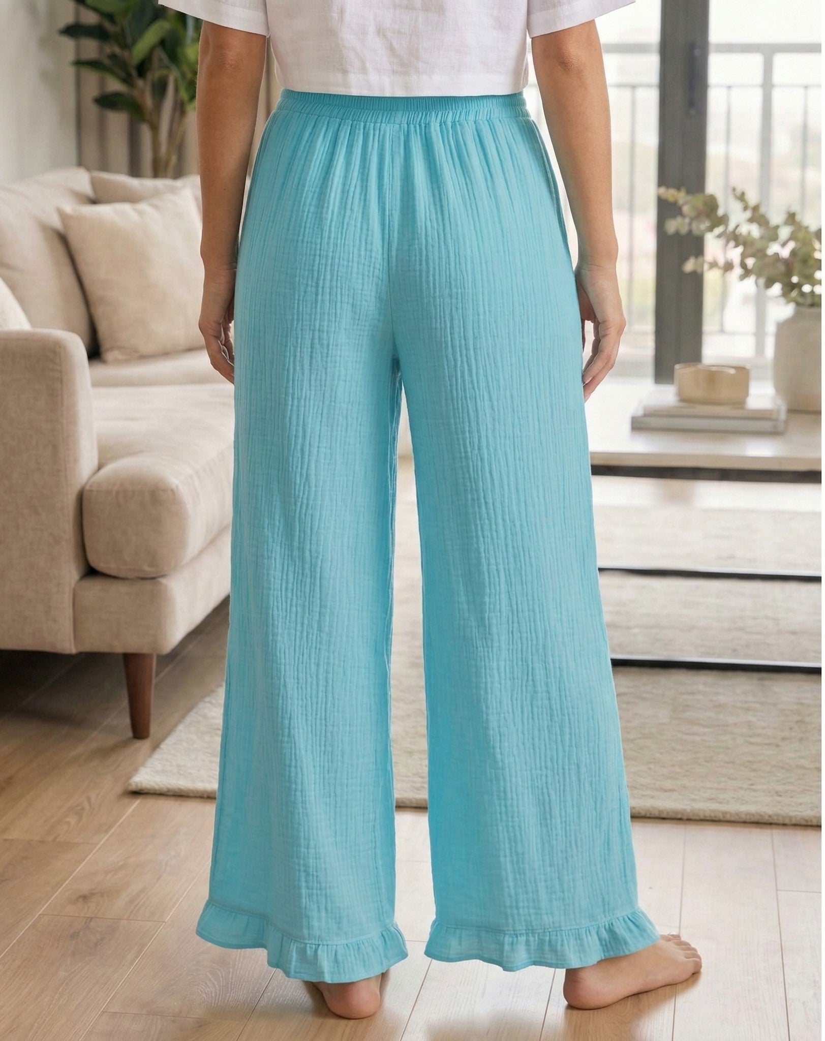 Women's Cotton Slub Wide-Leg Palazzo – Aqua Blue