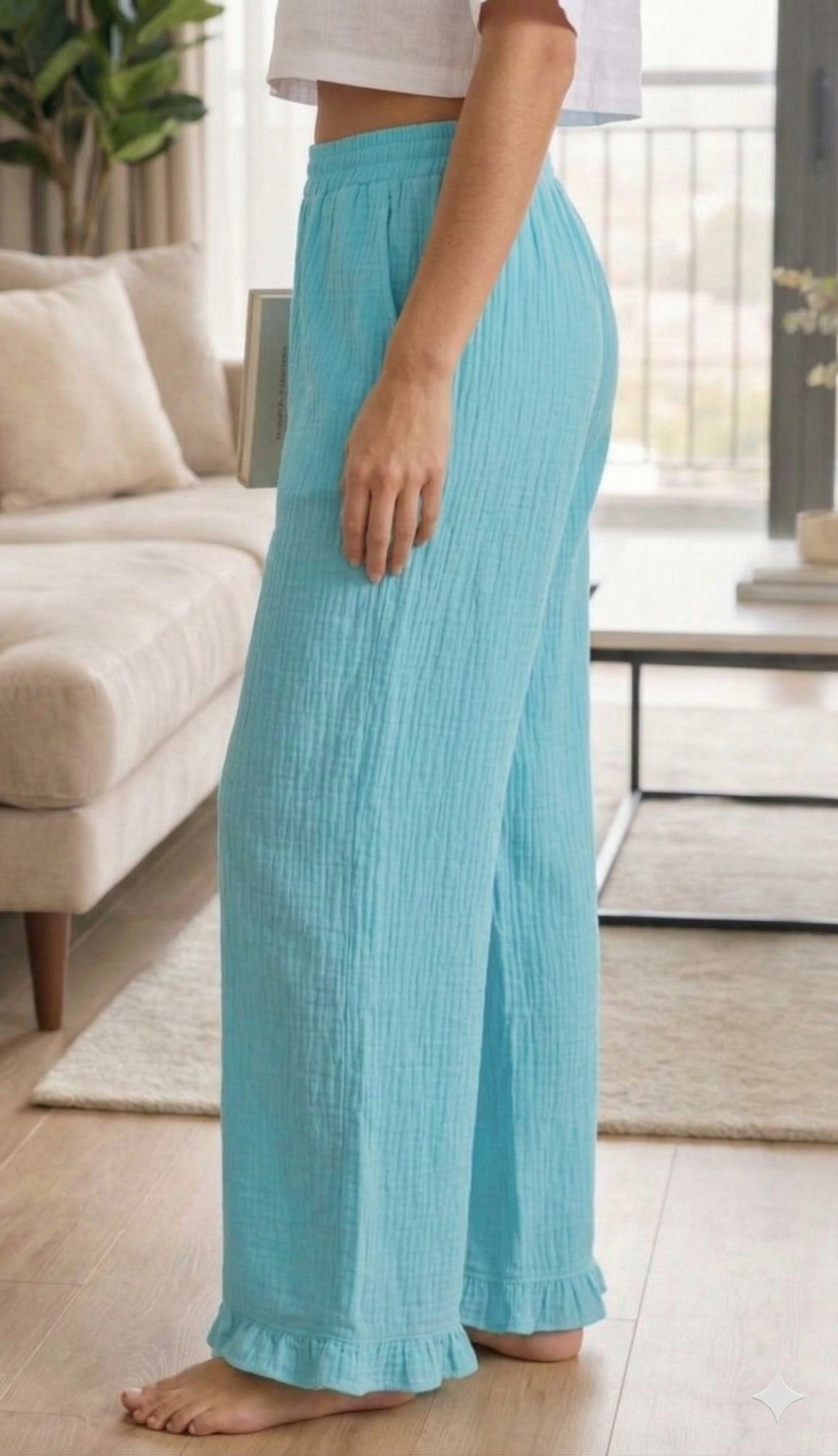 Women's Cotton Slub Wide-Leg Palazzo – Aqua Blue