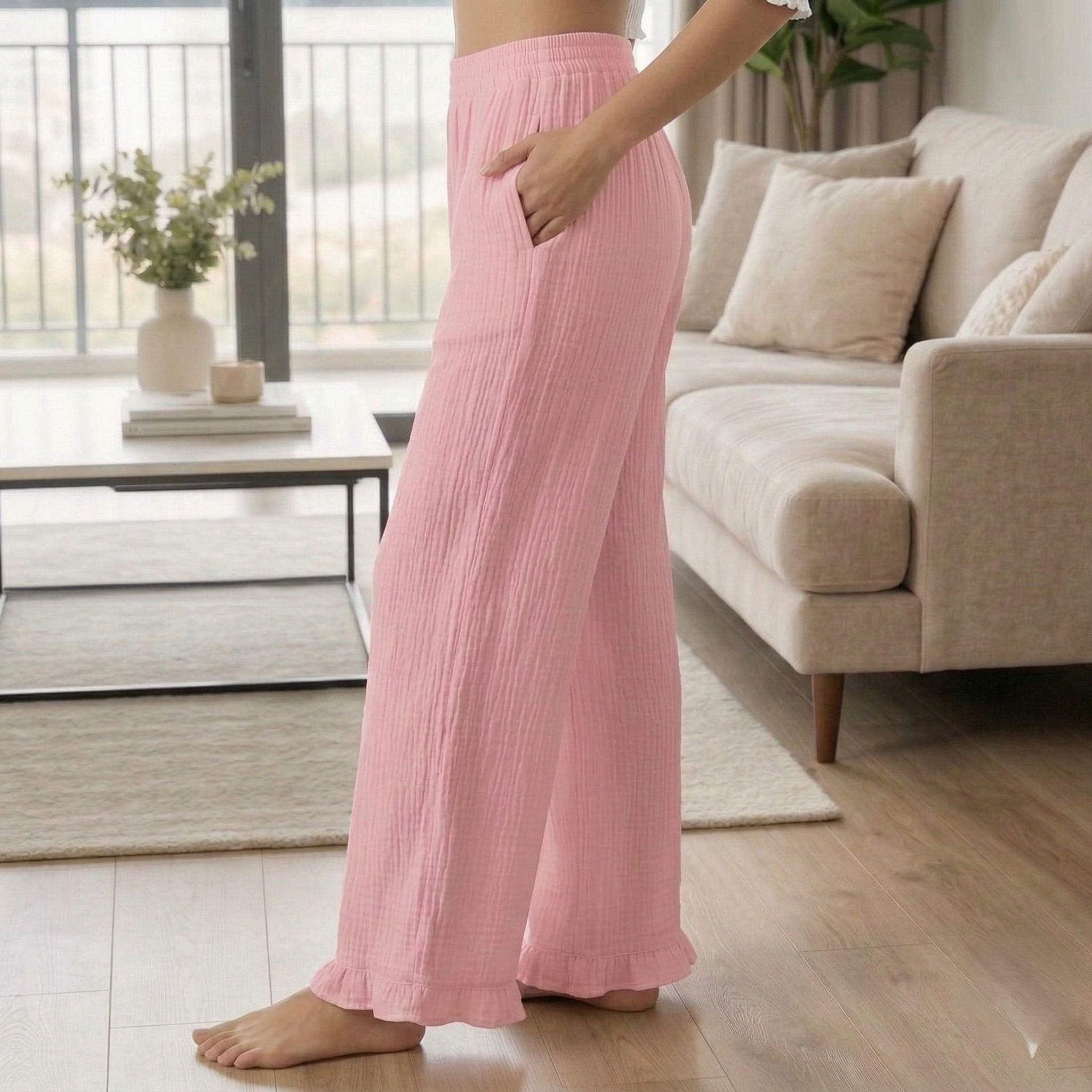 Women's Cotton Slub Wide-Leg Palazzo – Baby Pink