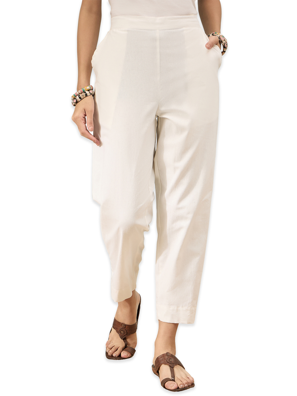 Women’s White Solid Cotton Trousers